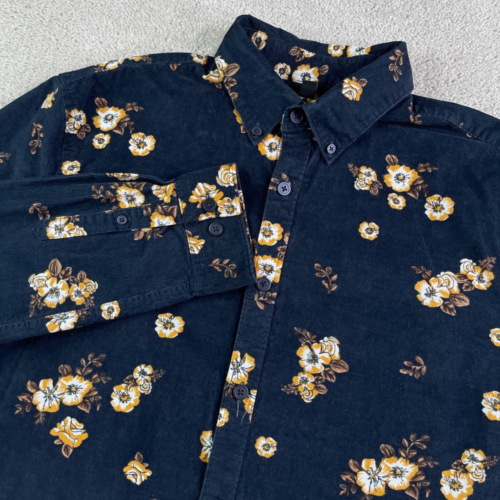 Express Shirt Mens Large Navy Blue Floral Corduroy Long Sleeve Button Down